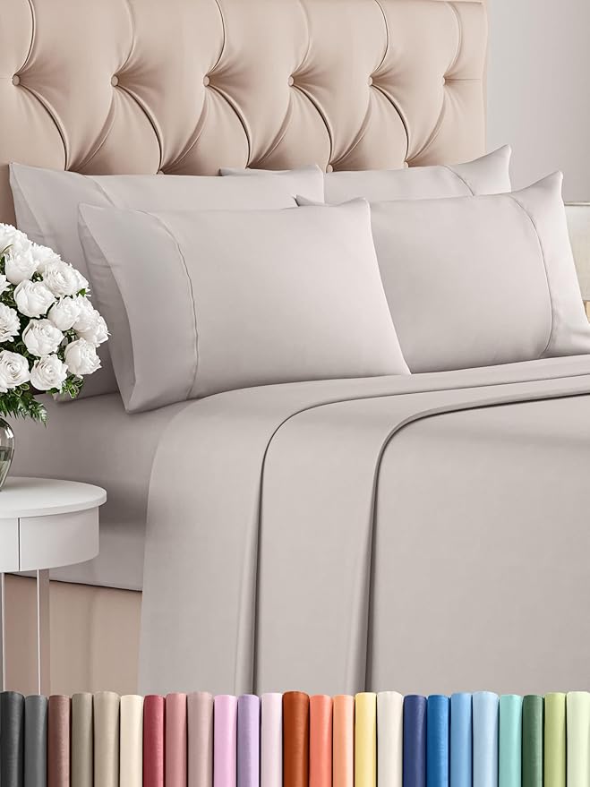 Cal King Sheets Set 6 Piece - Includes 4 Pillowcases - Bed Sheets Cal King - Soft Hotel Luxury Bedding - Cooling, Comfy & Breathable - 1 Flat & 1 Fitted & 4 Pillowcases w/ Deep Pockets - Light Grey
