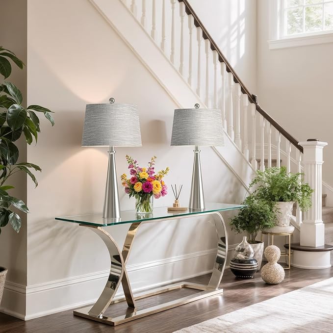 Oneach 25.75" Table Lamps Set of 2 for Living Room Bedroom, Bedside Lamp 3-Way Dimmable Touch Control, Modern Silver Nightstand Light Fabric Shade Vintage Accent Style