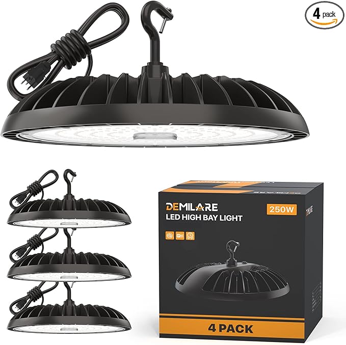 4 Pack Led High Bay Light 250W, 37500 lm High Bay Led Shop Lights 5000K with US Plug, Commercial Light Fixture for Workshop, Garage, Warehouse