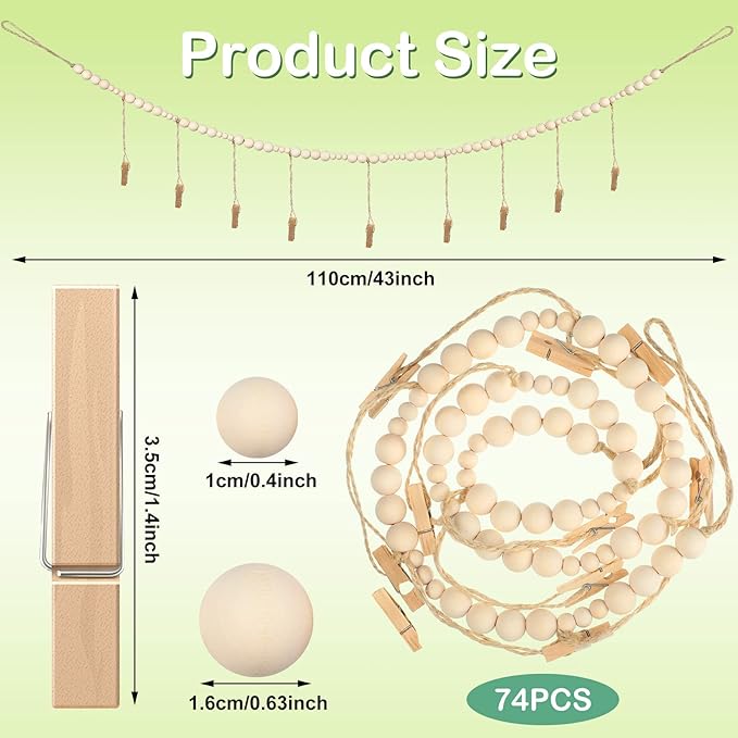 Wall Hanging Photo Display with Wooden Beads Garland 4 Feet Boho Collage Picture Frame DIY Picture Photo Frame Set with 9 Wood Clips for Rustic Country Home, Office Nursery Room Decoration(4 Pieces)