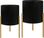 ARNIS Modern Plant Pots, Set of 2 Round Large Planters with Stand, Large Size Metal Pots with Drainage Holes for Living Room, Office, Garden or Balcony, 10.5 &12.25 Inch, Black & Gold