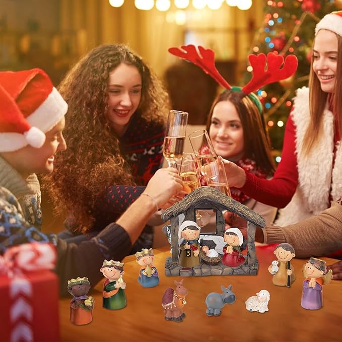 Nativity Christmas Village 3.5 Inch 12 PCS Nativity Scene Collectible Bulidings Christmas Village Scene Vintage Xmas Holiday Decorations Displays for Indoor Room Desktop Decor