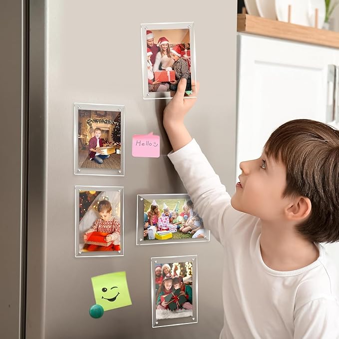 4 Pack Magnetic Picture Frames for Refrigerator 4x6, Acrylic Fridge Magnet Frame, Stylish Clear Framless Photo Frame for Home, Office, School Locker Display