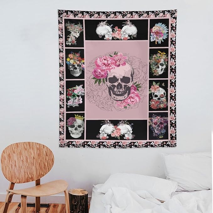 yowecso Sugar Skull Tapestry Horror Skeleton Tapestry Wall Hanging for Bedroom Rose Skull Tapestries Aesthetic Wall Decor for Home Dorm Living Room 50"x60"