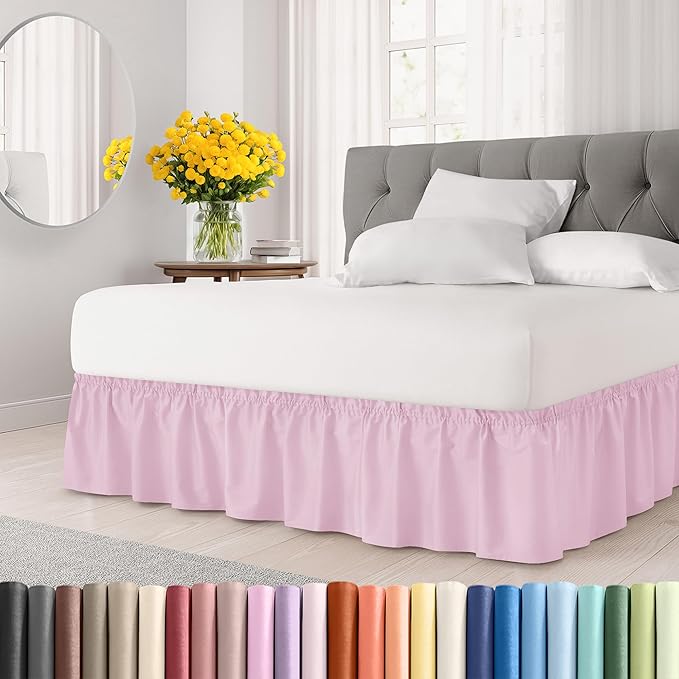 Wrap Around Dust Ruffle Bed Skirt - Light Pink - Twin/Twin XL Size Beds with 24 Inch Drop - Elastic Strap - Adjustable Pleated Bedskirt with Brushed Fabric and Wrinkle Free - Women, Men, Kids & Teens