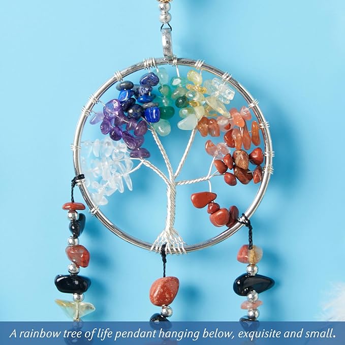 7 Chakras Dream Catchers Tree of Life Dream Catcher Black Feather Dreamcatcher Wall Decor with Healing Crystal Stone & Fluorite Wall Art Hanging for Bedroom Home Decor Bless Gift Wedding Garden