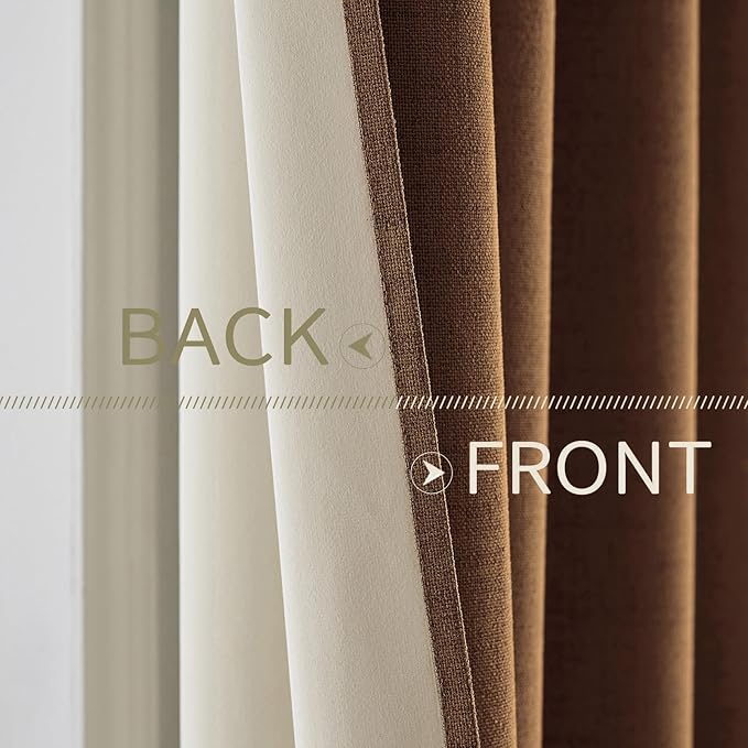MIULEE 100% Blackout Linen Curtains for Bedroom Thermal Insulated Brown Grommet Room Darkening Curtains & Drapes Fall Decor for Living Room Nursery 52 x 108 Inch (2 Panels)