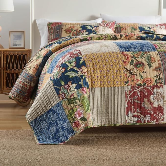 Cotton Bedspread Quilt Sets Reversible Bedding Coverlet Sets 3 Pieces Gorgeous Rustic Vintage Floral Red Yellow Patchwork Bedspread, Queen Size