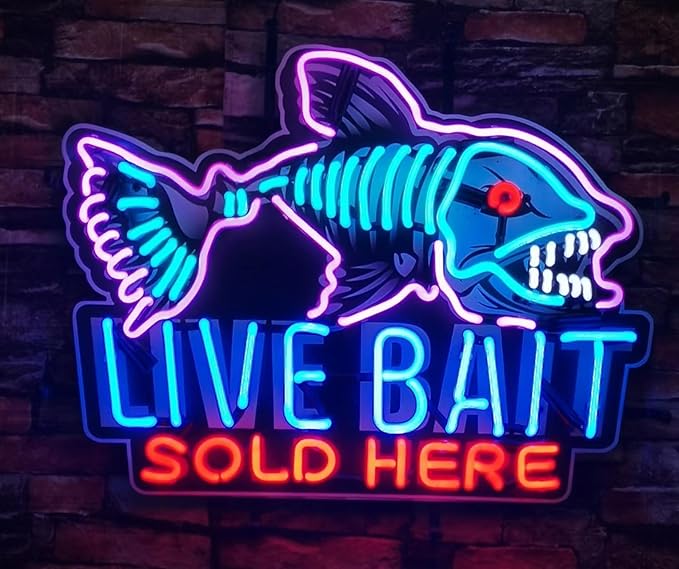 Neon Signs Beer Bar Bedroom Live Bait Sold Here Glass Neon Signs for Office Hotel Pub Cafe Party Man Cave Neon Light Art Wall Lights 24 X 20 Inches