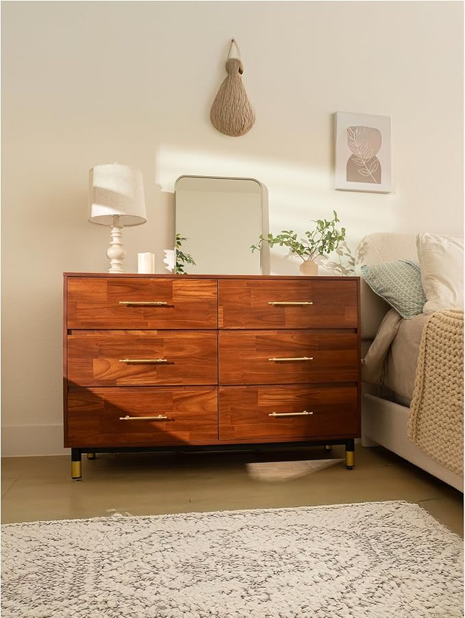 Walnut Dresser for Bedroom, 6 Drawer Brown Wood Dresser with Modern Storage Organizer, Wide Chest of Drawers for Closet, Clothes, Living Room