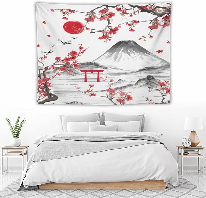 Red Cherry Blossoms Tapestry, Japanese Fuji Mountain Tapestry, Asian Japanese Wall Tapestry, Nature Landscape Tapestries for Bedroom Living Room Decor 80"x60"