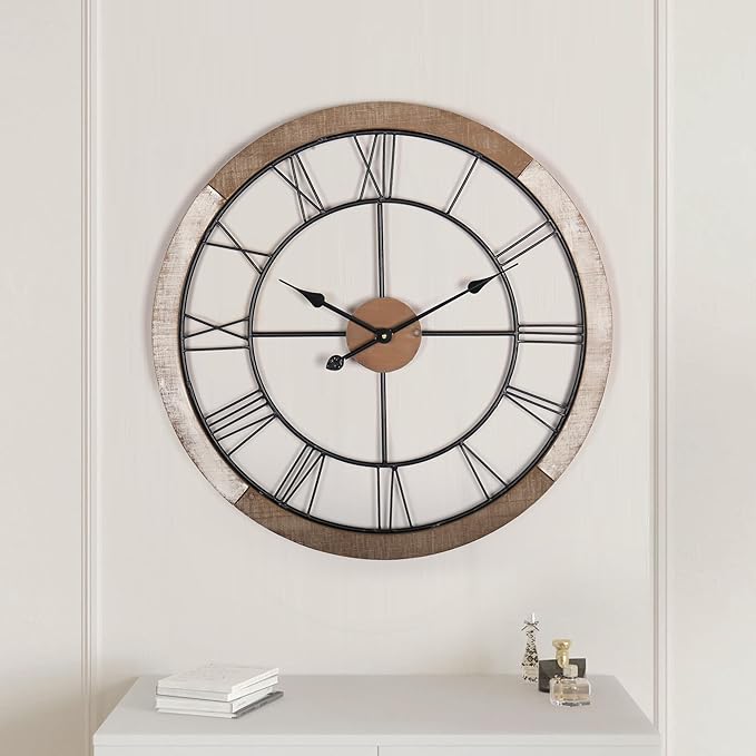 Wall Clock for Living Room Decor, 27.5'' Big Clock for Office, Rustic Wall Clock Battery Operated, Distressed White Roman Numeral Clock, Round, Wood
