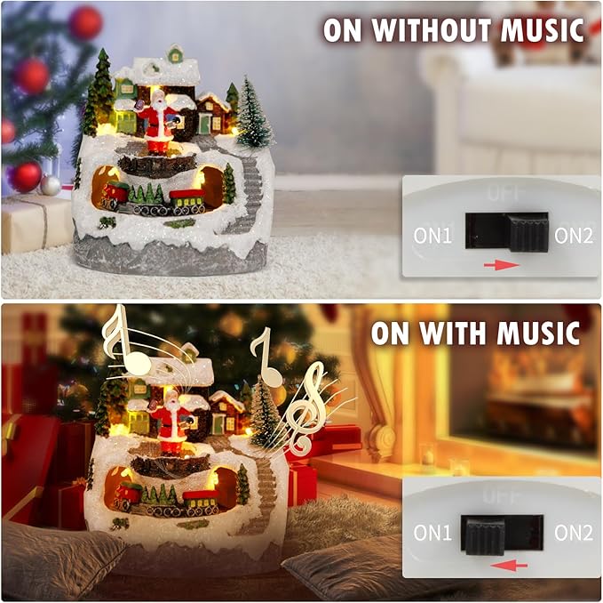 Christmas Decorations Village House Resin Collectible Building Figurines Revolving Train Musical Snow Globe 8 Music for Vintage Christmas Decor (Santa)
