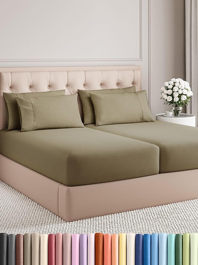 Split King Sheets Set 7 Piece - Includes 4 Pillowcases - Bed Sheets Split King - Soft Hotel Luxury Bedding - Cooling, Comfy & Breathable - 1 Flat & 2 Fitted & 4 Pillowcases w/ Deep Pockets - Khaki