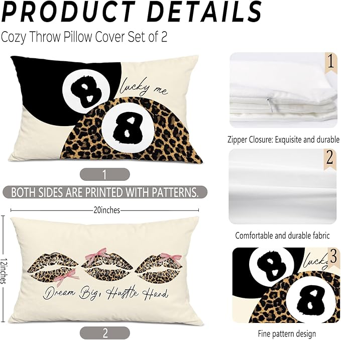 Leopard Star Lucky 8 Ball Throw Pillow Covers 20x12, Cheetah Print Room Decor, Trendy Funky Y2K Leopard Print Decorative Pillow Covers for Girls Room Dorm Apartment Home，Set of 2