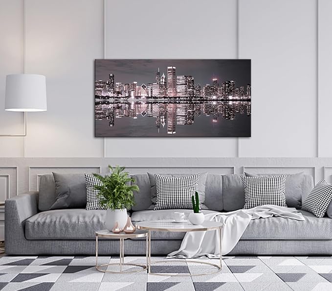 Conipit Chicago Wall Art Chicago Skyline Artwork City Night Downtown Picture Cityscape Painting Framed for Bedroom Home Office Decor 24"x48"