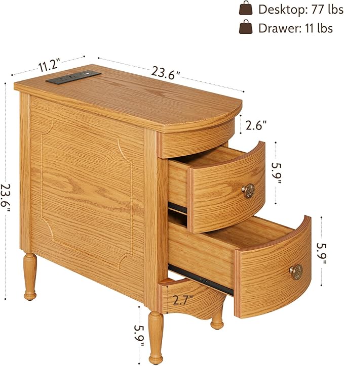 End Table with Charging Station, Narrow Side Table with 2 Drawer, Wood Sofa Side Table for Living Room, Vintage Slim Nightstand Bedside Table for Bedroom, Pre-Assembled (Light Walnut)