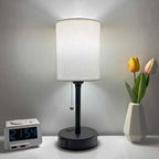 Small Bedside Table Lamp for Nightstand with USB & Outlet, 3 Color, Matte Black, White Lampshade (LED Bulb Included)