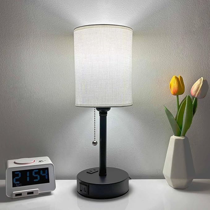 Small Bedside Table Lamp for Nightstand with USB & Outlet, 3 Color, Matte Black, White Lampshade (LED Bulb Included)