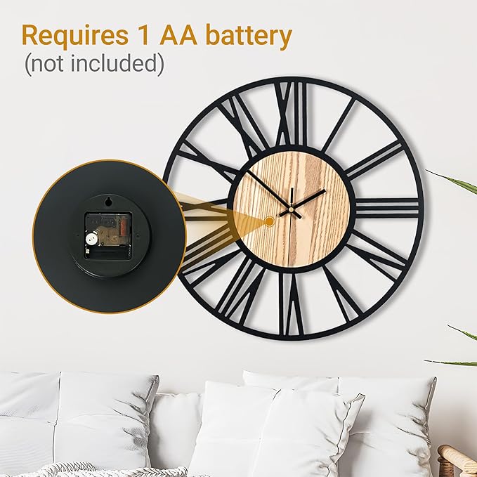 16inch/40cm Wall Clock for Bedroom Living Room Battery Operated Metal Decorative Analog Silent Analog Non Ticking Clocks Room Wall Decor (Wooden Roman Numerals, 16 inches)