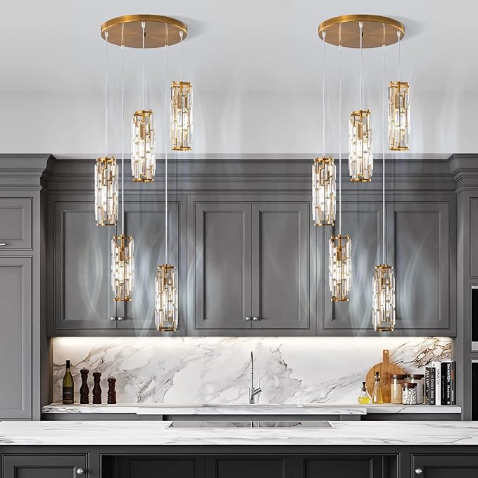LMQNINE Pendant Light, Gold Modern Pendant Light Fixtures, Mini Crystal Chandeliers, Adjustable 5-Light Pendant Lighting for Kitchen Island Dinning Room Bedroom (Gold 5-Light)…