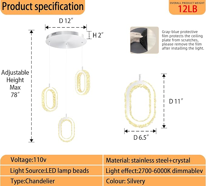Dimmable Oval Pendant Light Modern LED Pendant Lights for Kitchen Island Adjustable Crystal Ring Chandelier for Dining Room Bedroom Living Room 3-Light Silver