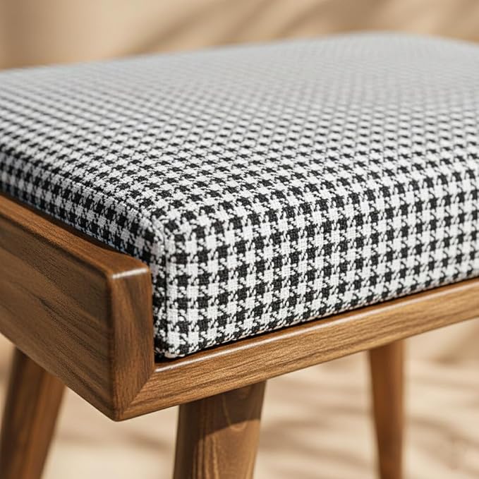 Walnut Ottoman Stool for Living Room | Upholstered in Crowbar Pattern Fabric | Versatile as a Piano Bench | Ideal Bedroom Bench | Functional Footstool Bench