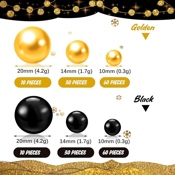 200 PCS Black Gold Vase Fillers, Pearls Bead for Centerpieces Vases, 10/14/20 MM No Hole Beads, Fake Pearls for Wedding Birthday Anniversary Theme Party Table Centerpieces Decor