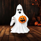 1 Pcs Halloween Ghost Figurine Decor with Pumpkin Cute Resin Ghost Statue, Funny White Sculpture Ghost Decor for Spooky Halloween Home Mantel Tabletop Decorations Indoor