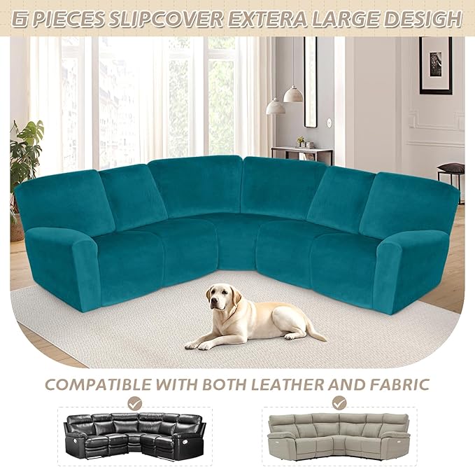 Arfntevss Sectional Recliner Couch Covers Velvet Corner Sectional Sofa Cover for Reclining Couch Stretch Soft L Shape Recliner Slipcover Thick U Shaped Washable Protector (5 Seat Cover, Teal Blue)
