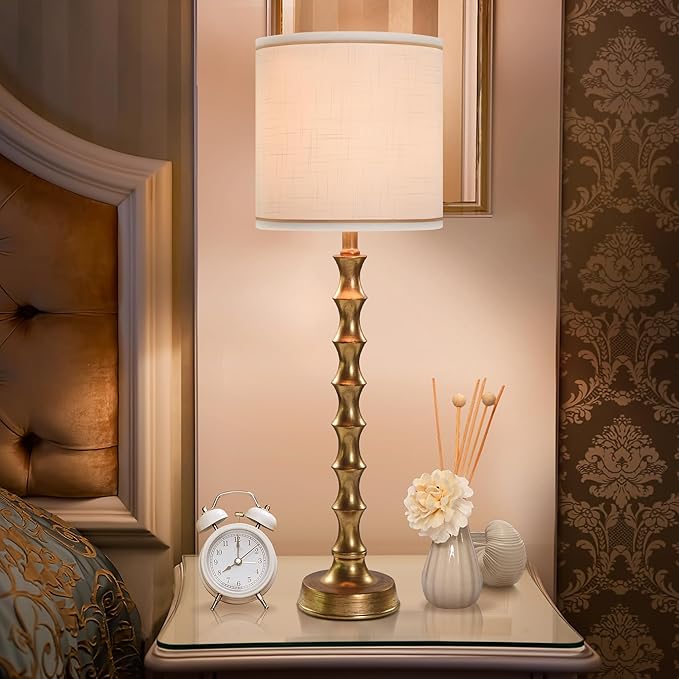 30.5" Buffet Lamps Set of 2 for Living Room, Buffet Lamps for Dining Room, Gold Lamp Set of 2 for Credenza, Modern Golden Table Lamp Tall Skinny, Gold Bamboo Candlestick Lampset for Bedroom