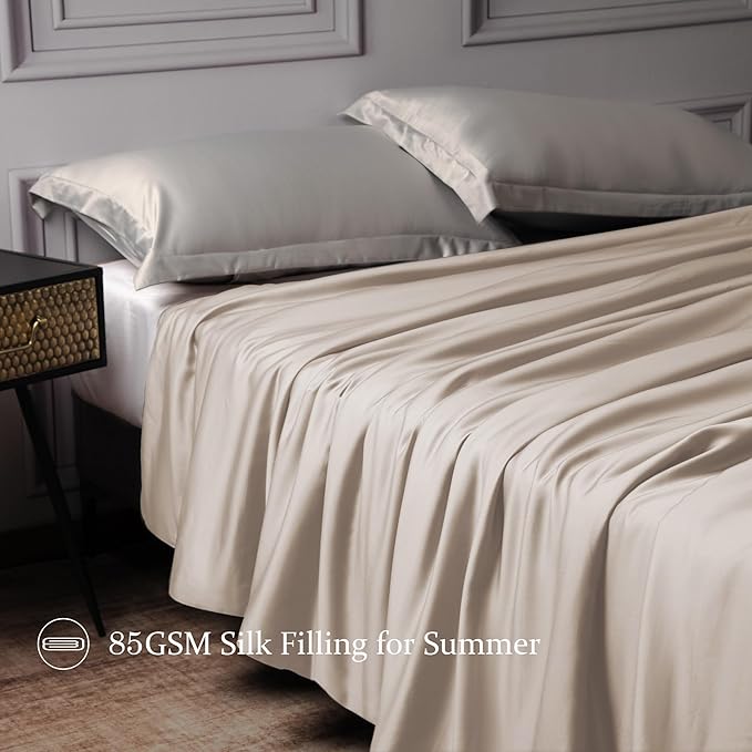 CUDDLE DREAMS Lightweight Silk Filled Comforter for Summer, Detachable Tencel Duvet Cover for Easy Care, Naturally Breathable (Light Pewter, Queen)