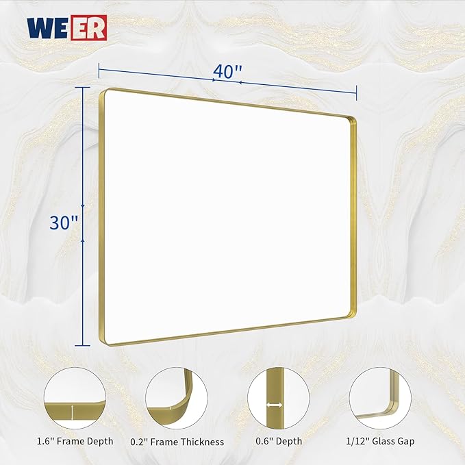 WEER Gold Bathroom Mirror, 40X30 Inch Brushed Gold Metal Frame Mirror, Rounded Rectangle Gold Bathroom Vanity Mirror for Wall, Tempered Glass, Anti-Rust, Hangs Horizontally or Vertically