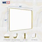 WEER Gold Bathroom Mirror, 40X30 Inch Brushed Gold Metal Frame Mirror, Rounded Rectangle Gold Bathroom Vanity Mirror for Wall, Tempered Glass, Anti-Rust, Hangs Horizontally or Vertically