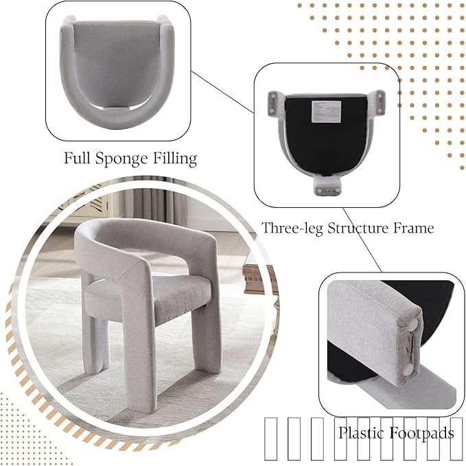 Grey Chenille Dining Chairs Set of 6, Modern Barrel Dining Room Chairs Upholstered Faux Fur Accent Chair with Arms and Round Back for Living Room Kitchen Armchair No Assembly Needed