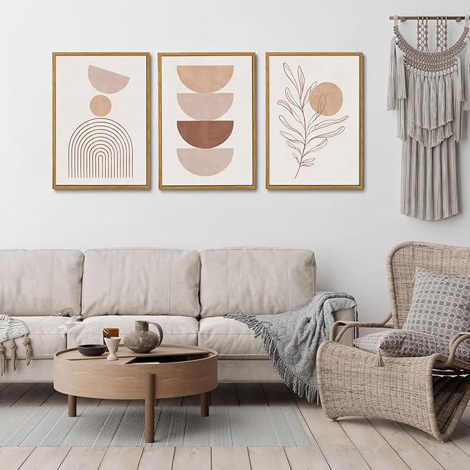 Bwodke Framed Boho Canvas Wall Art Large Mid Century Modern Prints Set of 3 Neutral Geometric Line Leaf Paintings Decor Minimalist Abstract Pictures Bedroom Living Room Bathroom