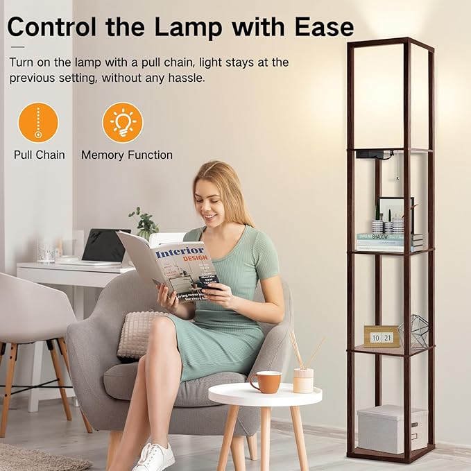 OUTON Floor Lamp with Shelves, LED Shelf Floor Lamp with USB & Type C Ports, 1 AC Outlet, 3 Color Temperature, Storage Display Wood Column Tall Standing Lamp for Living Room, Bedroom Office, Walnut