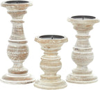Deco 79 Mango Wood Decorative Candle Holder Turned Style Pillar Candle Stand, Set of 3 Candlestick Holder 6", 8", 10"H, Cream