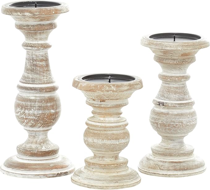 Deco 79 Mango Wood Decorative Candle Holder Turned Style Pillar Candle Stand, Set of 3 Candlestick Holder 6", 8", 10"H, Cream