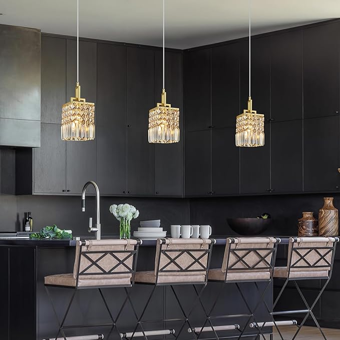 Modern Crystal Pendant Light Kitchen Island Farmhouse Lamp Adjustable Height Hanging Lighting Square Gold Chandelier Suitable for Kitchen Island Dining Room and Bedroom(2Pack)