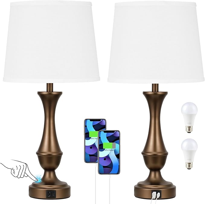 Upgraded Touch Lamps for Night Stands Set of 2 - Bedside Lamps with USB C+A, 3 Way Dimmable for Bedroom Living Room End Tables Office (White&Brown)