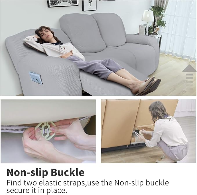 Easy-Going 6 Pieces Recliner Loveseat Stretch Sofa Slipcover Sofa Cover Furniture Protector Couch Soft with Elastic Bottom Kids, Spandex Jacquard Fabric Small Checks Silver Gray