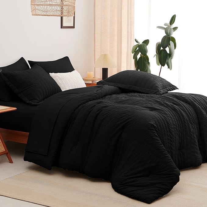 CozyLux King Size Comforter Set Black Seersucker 7 Pieces Bed in a Bag King Comforter Set with Sheets, Luxury Soft Bedding Set with Down Alternative Comforter, Sheets, Pillowcases & Shams All Seasons