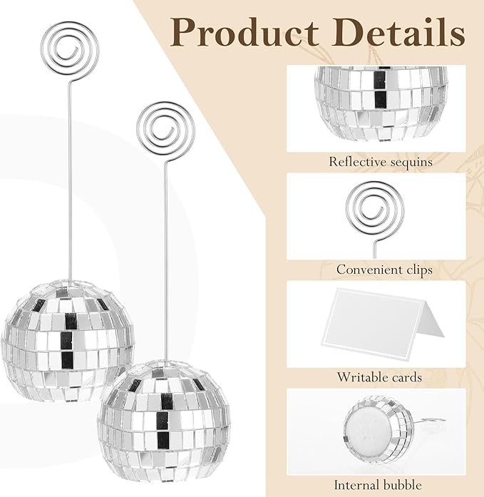 24 Pcs Disco Ball Table Number Holders, 2 Inch Silver Place Card with Swirl Wire Name Cards, Picture Holder for Tables, Photo Stand Clips for Christmas Wedding Party Favor