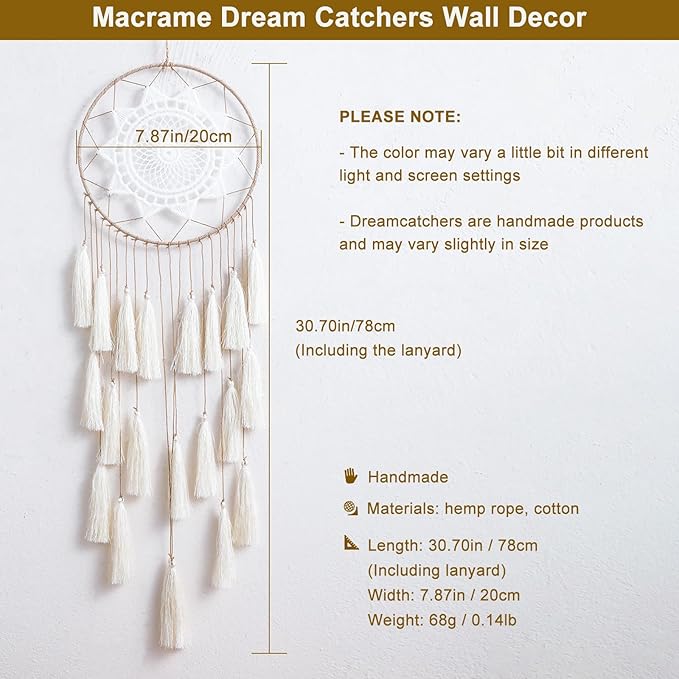 Artilady Macrame Dream Catchers for Bedroom - Tassel Wall Hanging Handmade Dreamcatchers Home Decor with Tassel Feather Ornament Craft Blessing Gift (Beige)