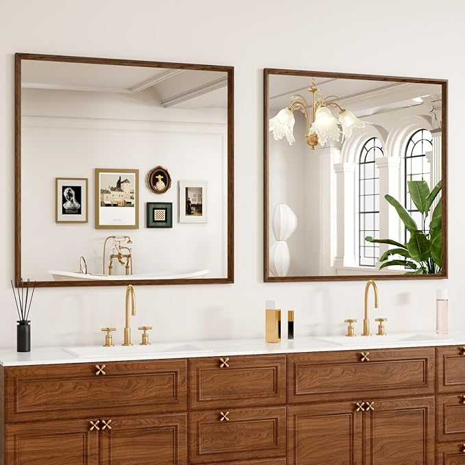 Bathroom Vanity Mirror 36x36 Inch, Walnut Rectangle Bathroom Mirror, Anti-Rust, 4MM Tempered Glass, Wall-Mounted Mirror, Hangs Horizontally or Vertically for Bathroom & Bedroom