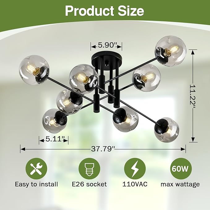 SZXYKEJI 8 Light Glass Globe Ceiling Light Black Mid Century Flush Mount Sputnik Light Fixture Bubble Chandelier Living Room Farmhouse for Dining Room Kitchen Bedroom.