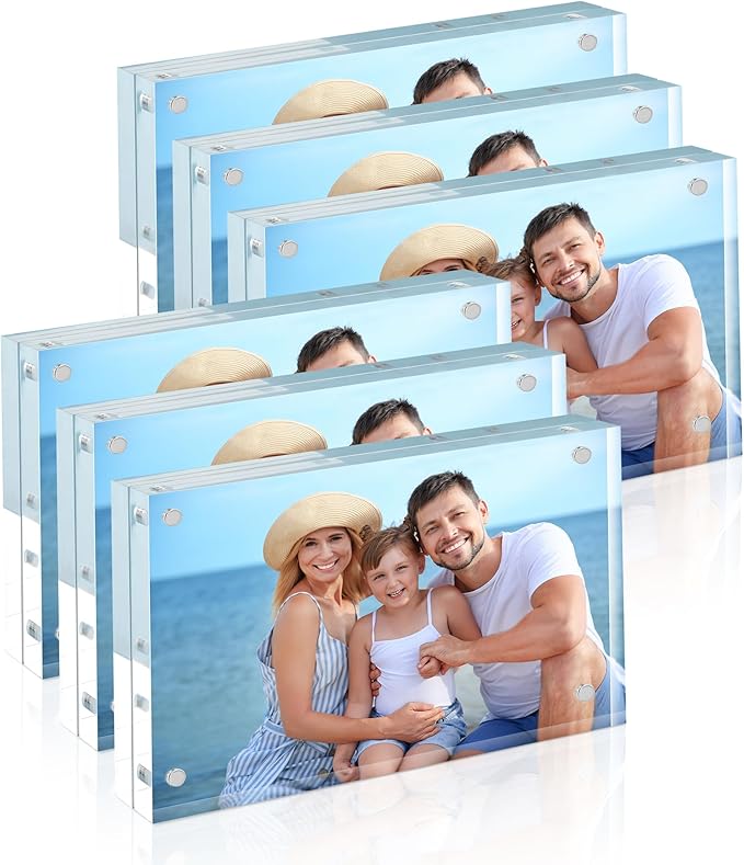 HOUSE DAY Acrylic Picture Frames 3.5x5, 6 Pack Magnetic 3.5 x 5 Picture Frame, Double Sided Clear 3.5x 5 Photo Frame with Microfiber Cloth, Frameless FreeStanding 3.5x5 Frame Gift for Desktop Display