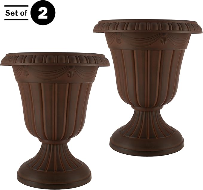 Pure Garden Outdoor Planter 2-Pack - 16x18-Inch Urn Planters - Plastic Plant Pots for Indoor, Outdoor, or Front Porch Decor - Flower Pots (Brown)