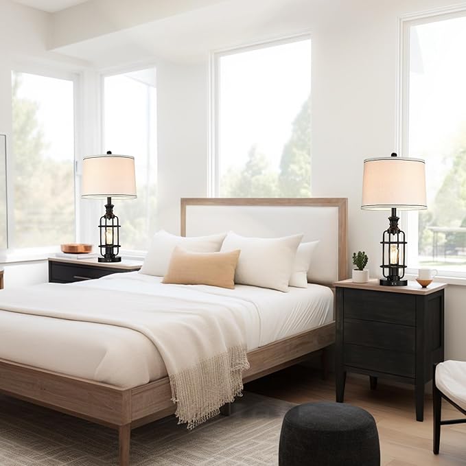 26.3”Table Lamps Set of 2 with USB Charging Ports,Farmhouse Bedside Nightstand Lamp with Rotary Switch,Rustic Reading Lamps Industrial Desk Lamps for Bedroom Living Room,Bulbs Included